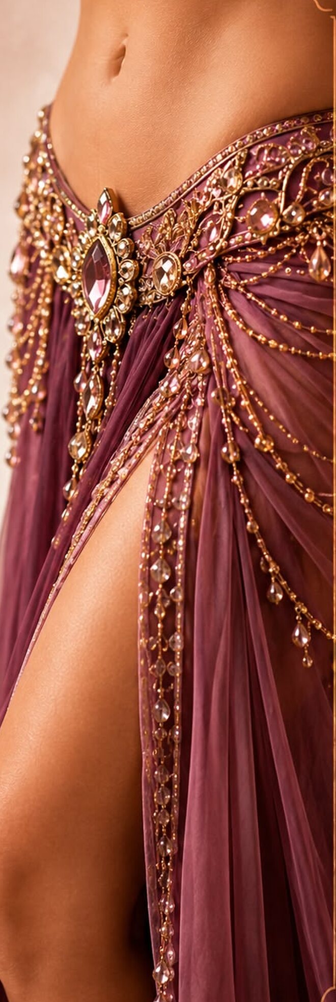 Belly dancer in a mauve and gold beaded costume, mid-movement.