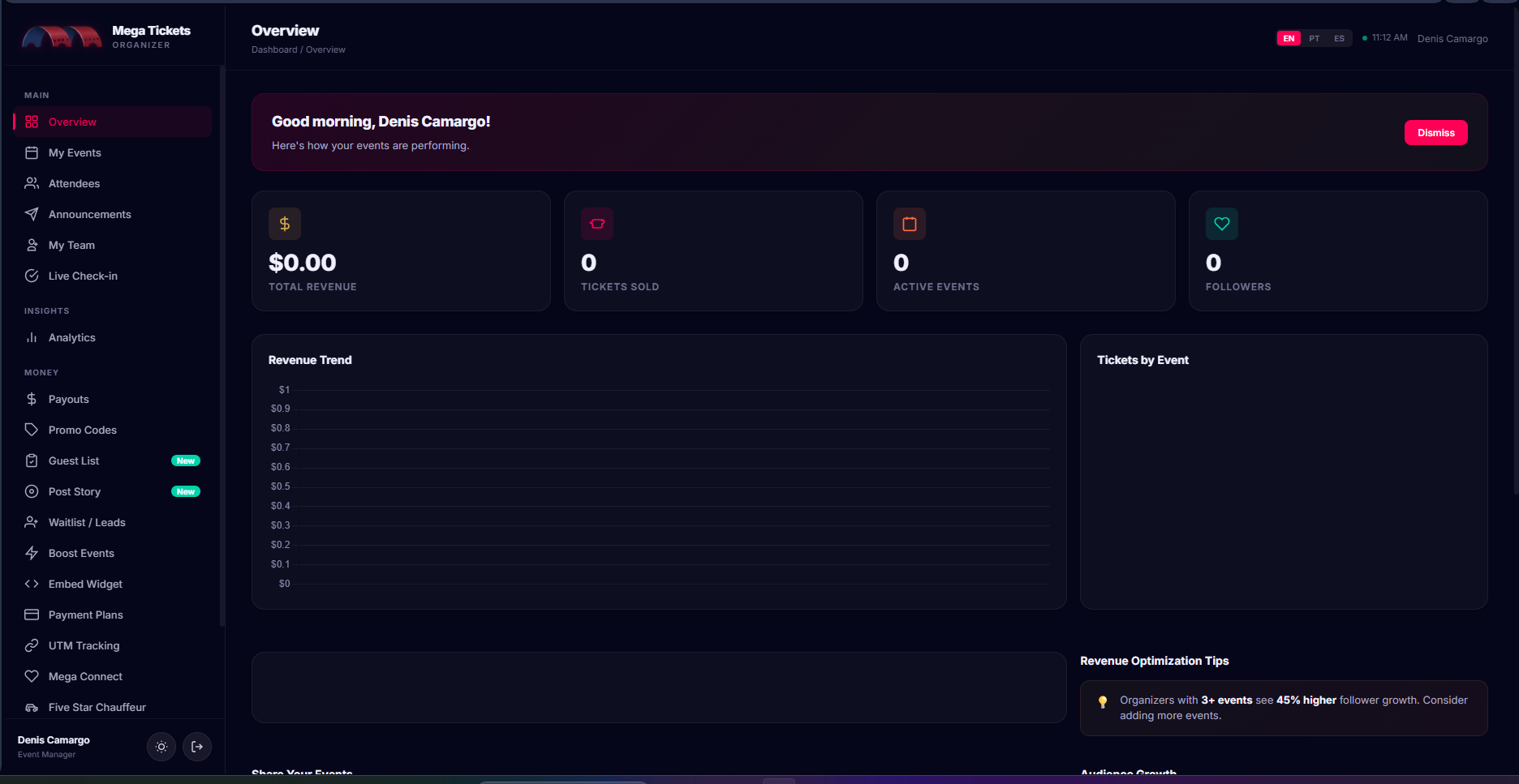 The organizer Overview: total revenue, tickets sold, active events and followers, a revenue trend chart and tickets by event