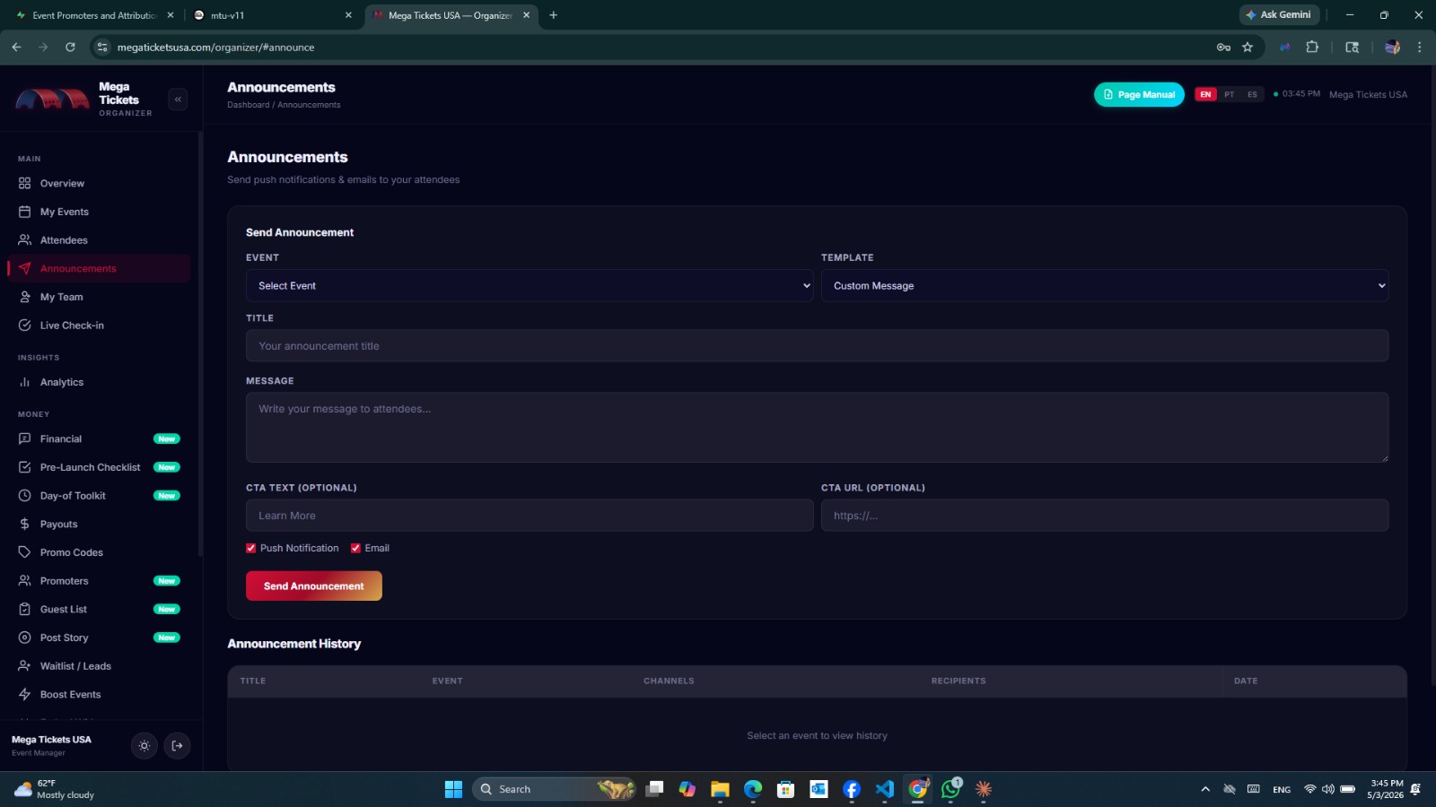 Mega Tickets organizer dashboard — Announcements composer