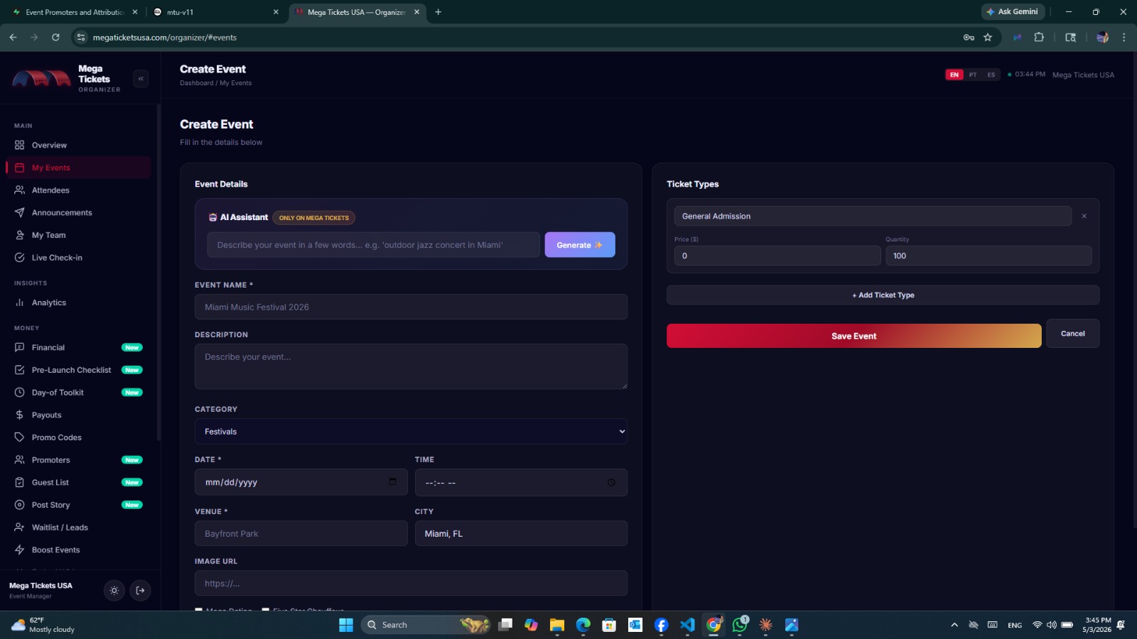 Mega Tickets organizer dashboard — Create Event with AI Assistant