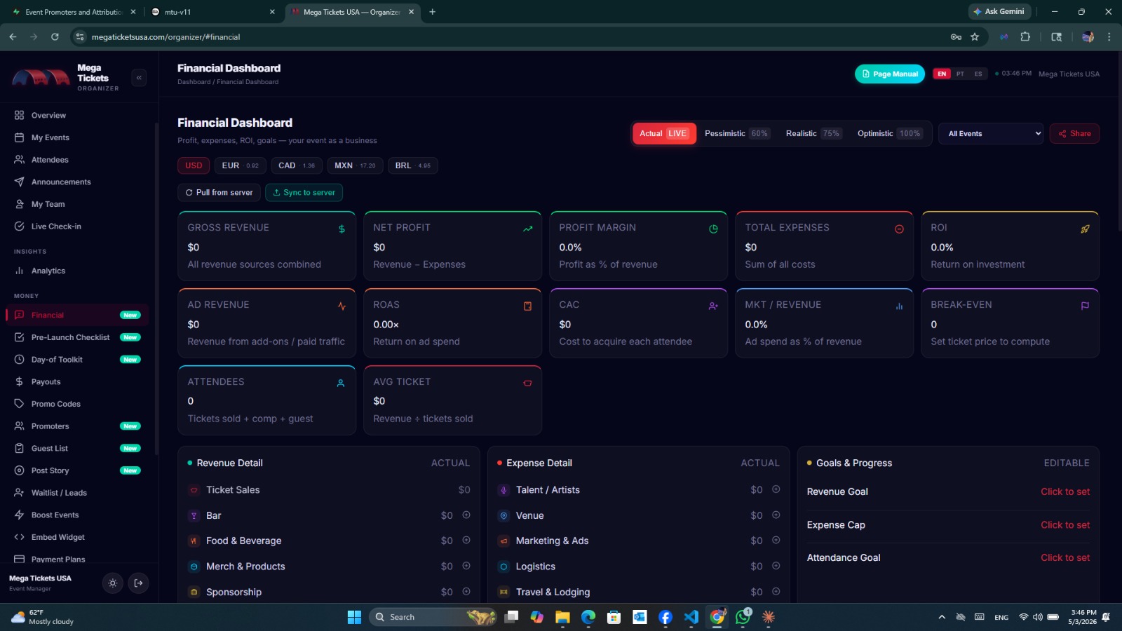 Mega Tickets organizer dashboard — Financial Dashboard with KPI grid and scenarios