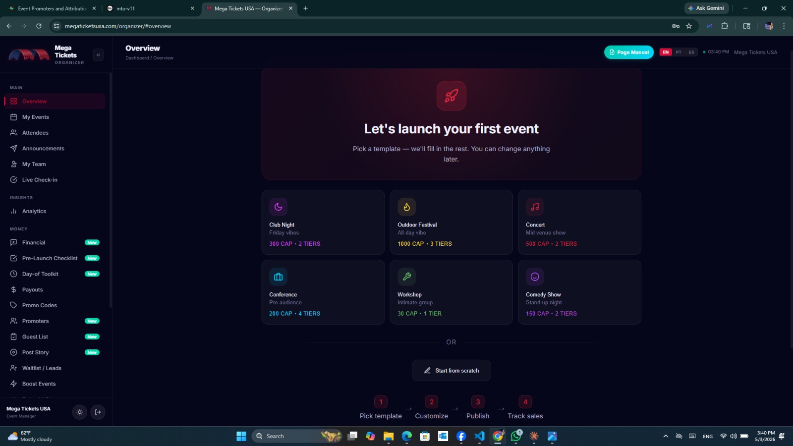 Mega Tickets organizer dashboard — Overview screen with 6 event templates