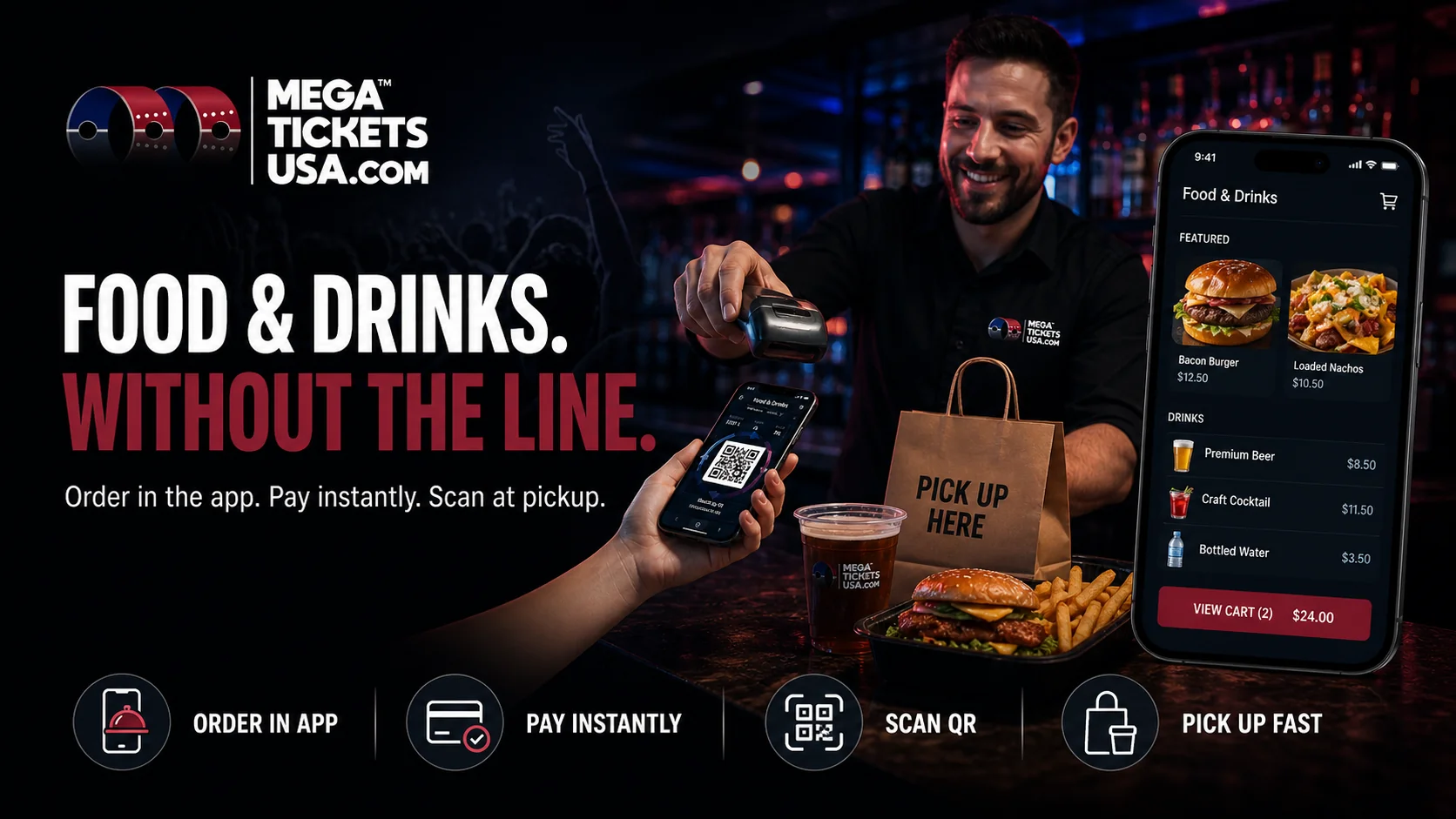 Mega Tickets USA in-app food and drink ordering with QR pickup