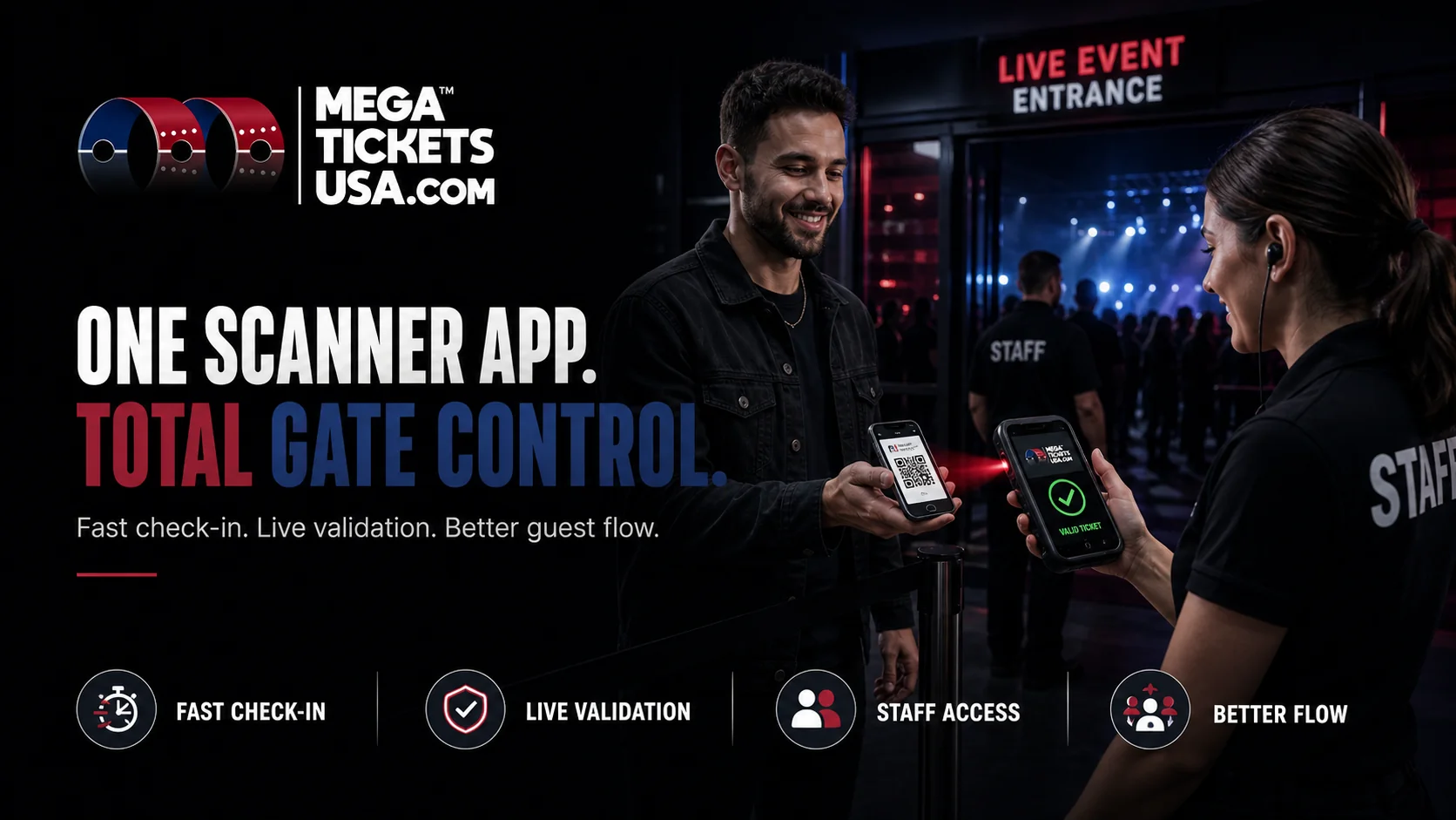 Mega Tickets Staff app scanning QR tickets at venue entrance