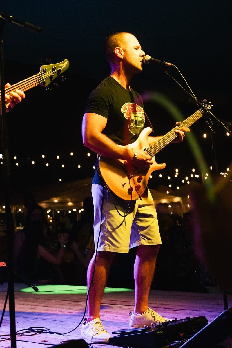 A guitarist playing under the string lights