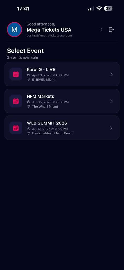 The MegaStaff app listing the events to check in